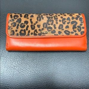Fossil Leopard Print Leather Orange Wallet